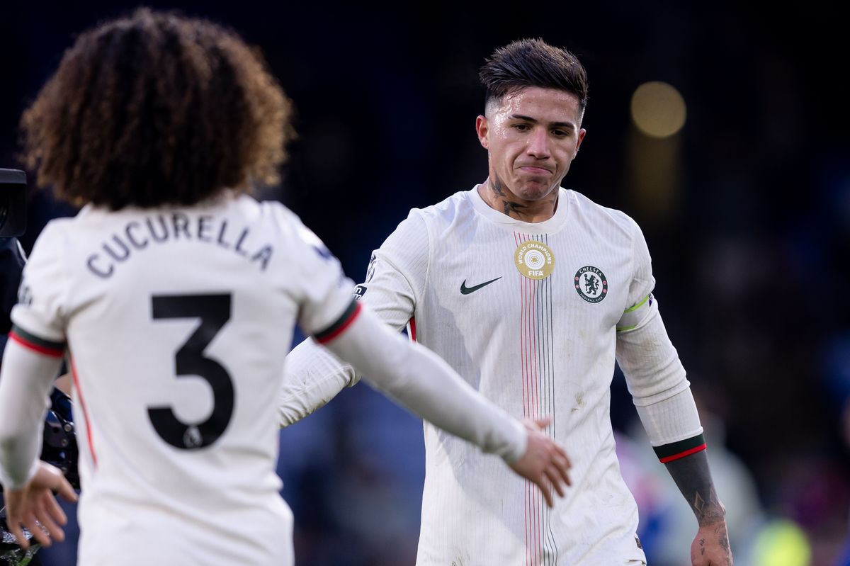Enzo Fernández of Chelsea shakes hands with Marc Cucurella of Chelsea after their sides victory during the Premier League match between Crystal Palace and Chelsea at Selhurst Park on January 25, 2026 in London, England