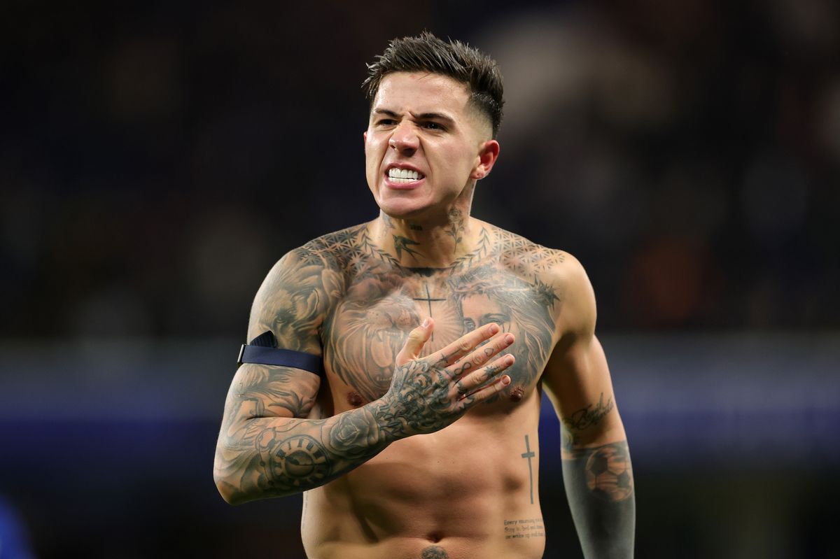 Enzo Fernandez of Chelsea celebrates scoring his team's third goal during the Premier League match between Chelsea and West Ham United at Stamford Bridge on January 31, 2026 in London, England