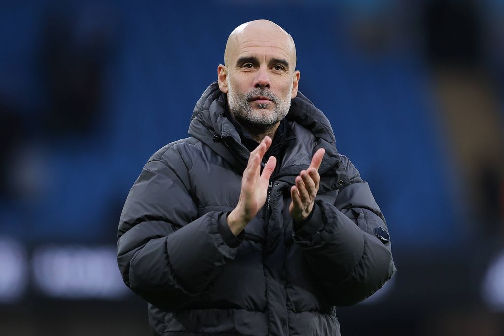 Josep 'Pep' Guardiola, head coach of Manchester City,  during the Emirates FA Cup Fourth Round match between Manchester City and Salford City on February 14, 2026 in Manchester, England