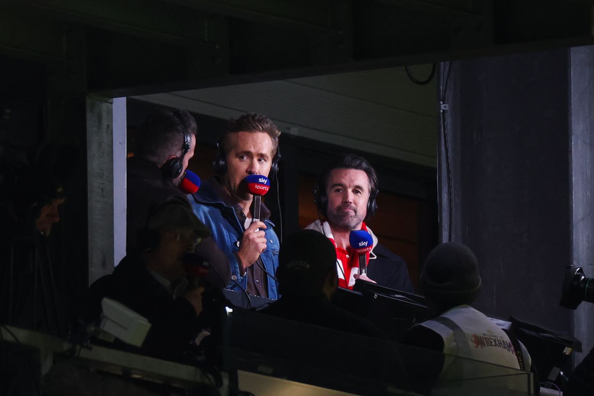 Ryan Reynolds and Rob McElhenney, co-owners of Wrexham talk in the commentary box prior to the Sky Bet Championship match