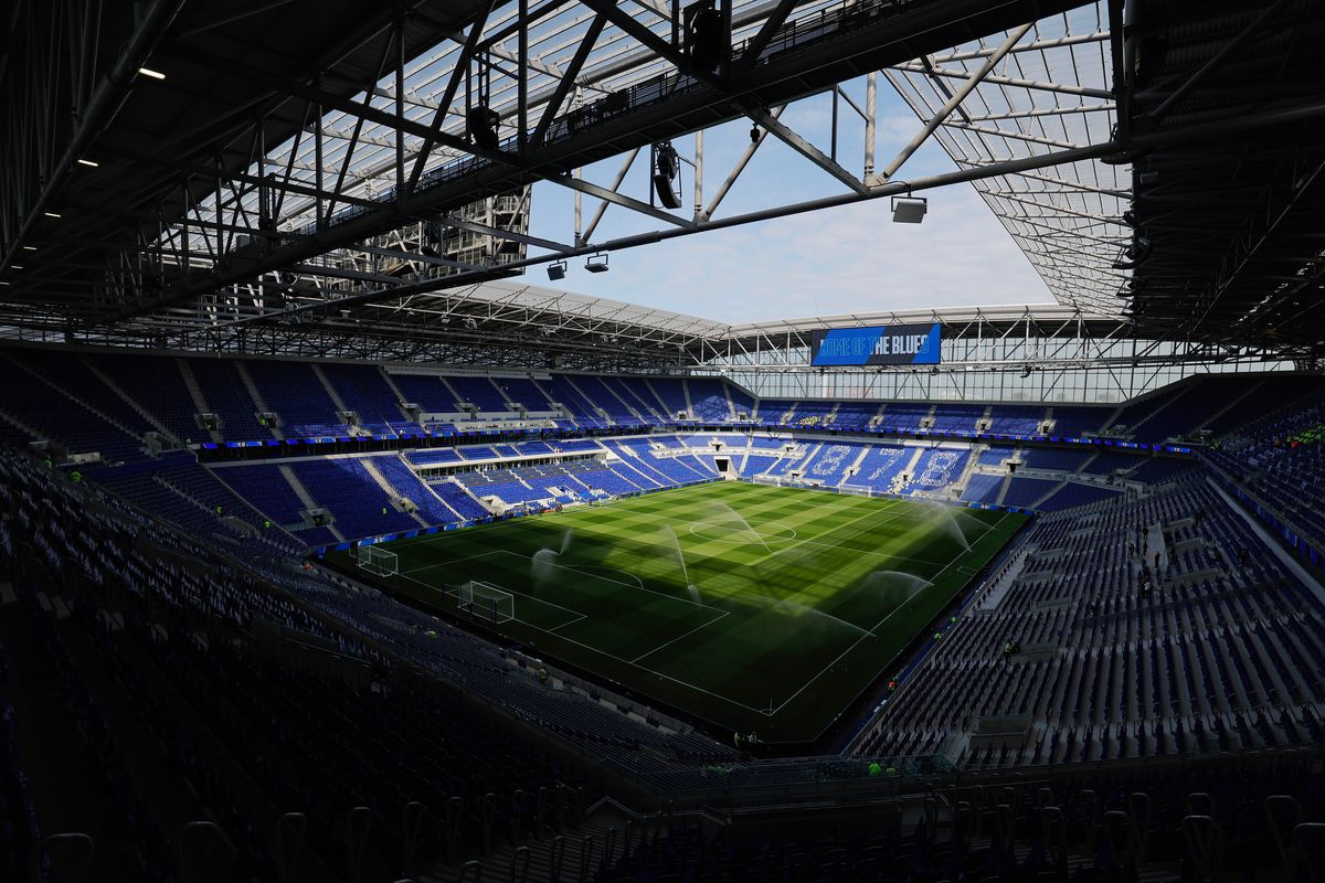 The pitch is watered before the first game at the new stadium during the Premier League match between Everton and Brighton at the Hill Dickinson Stadium on August 24th 2025 in Liverpool, England (Photo by Tom Jenkins/ Getty Images)