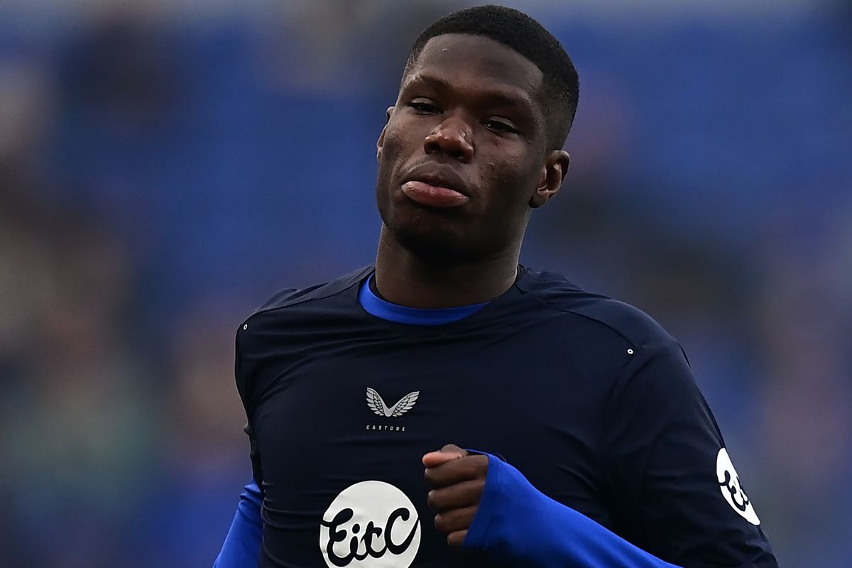Thierno Barry warms up prior to the Premier League match between Everton and Chelsea at Hill Dickinson Stadium. Photo by Richard Martin-Roberts - CameraSport via Getty Images