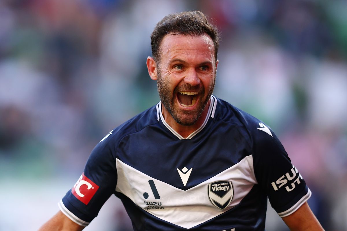 Juan Mata of the Victory celebrates a goal during the round 22 A-League Men match between Melbourne Victory and Central Coast Mariners at AAMI Park on March 21, 2026 in Melbourne, Australia