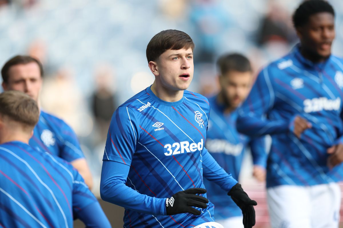 Mikey Moore of Rangers is seen warming up during the William Hill Premiership match between Rangers and Aberdeen at Ibrox Stadium on March 21, 2026 in Glasgow, Scotland