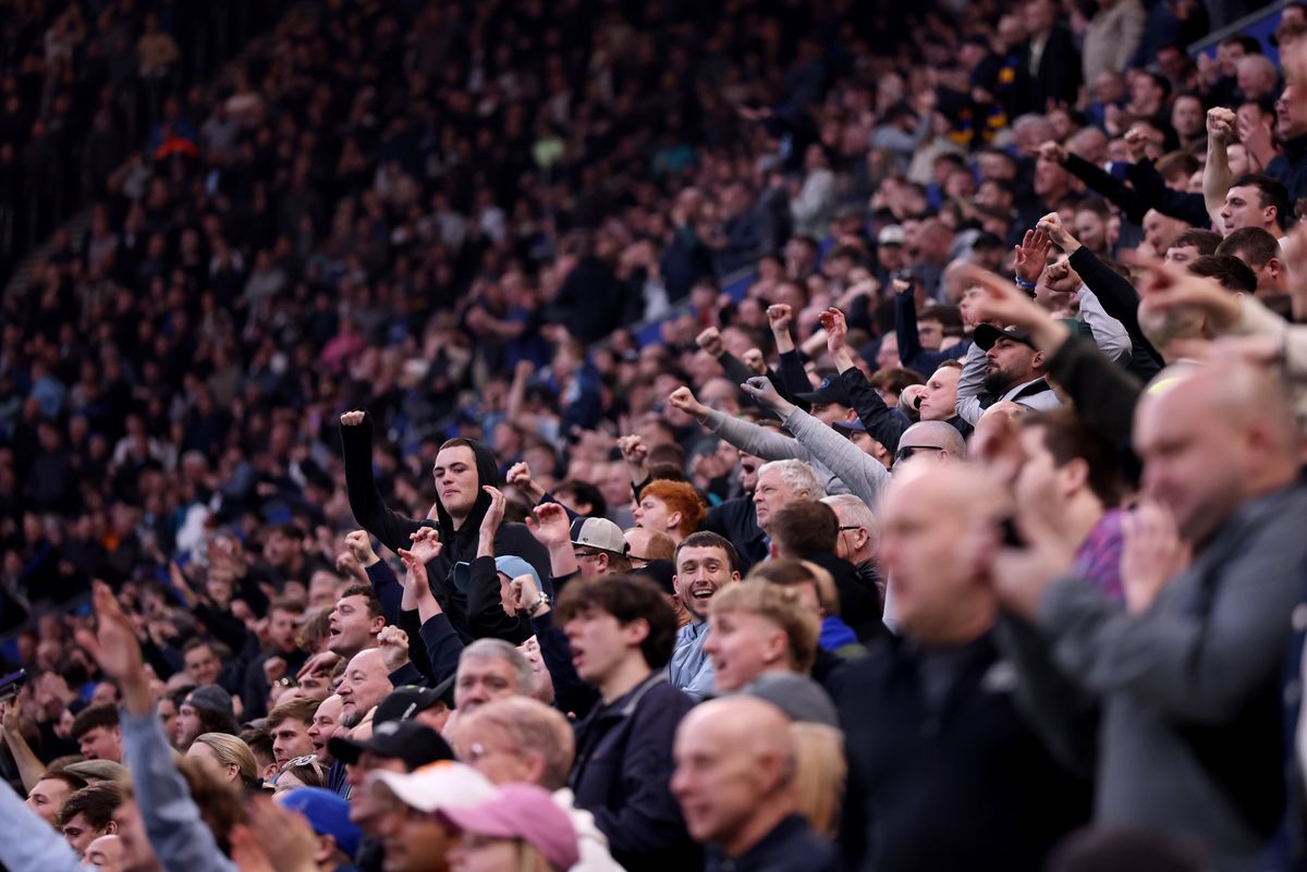 Everton fans show their support from the stands during the Premier League match between Everton and Chelsea at Hill Dickinson Stadium. Photo by Carl Recine/Getty Images