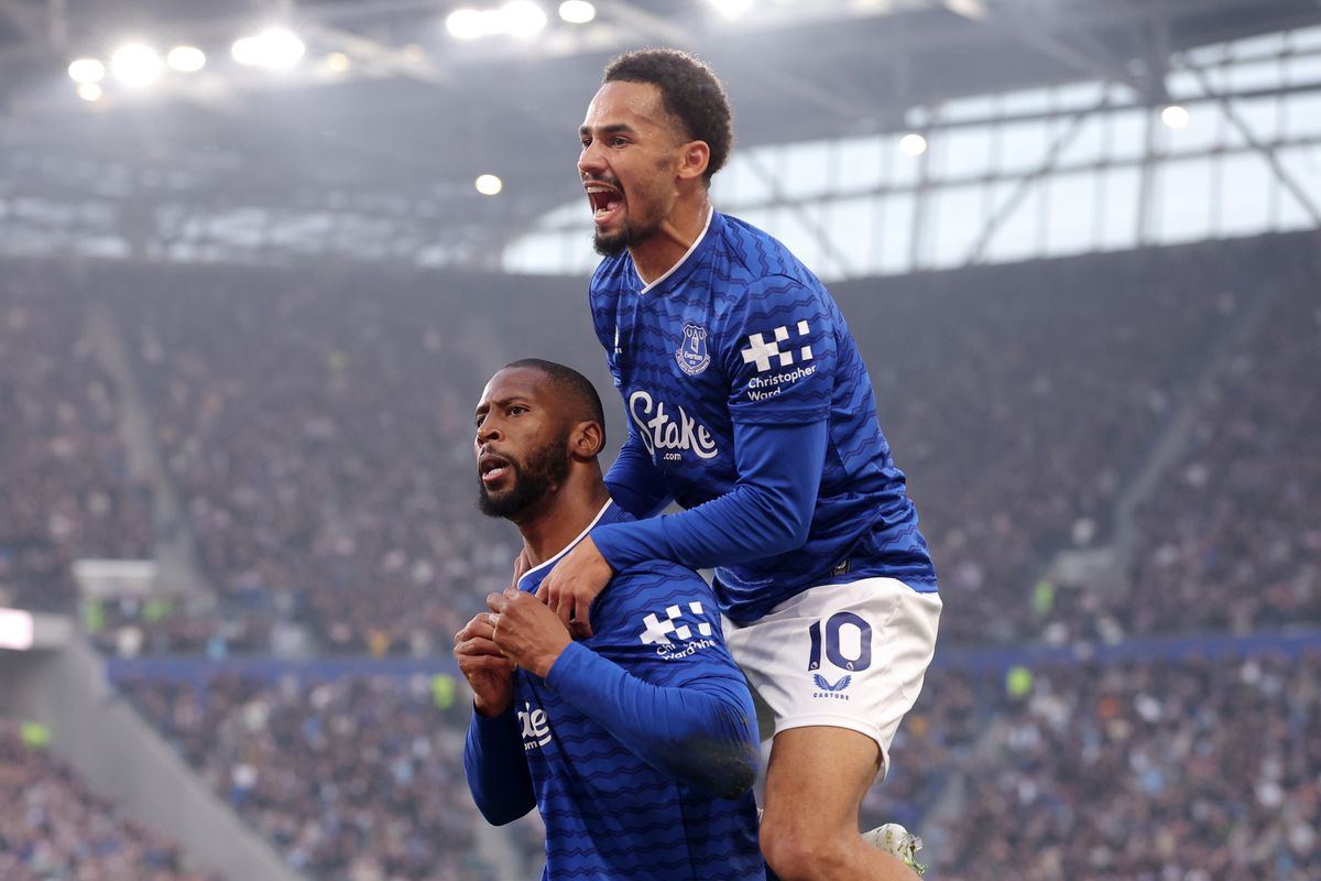 Iliman Ndiaye leaps onto the back of Beto as the Everton players celebrate during their win over Chelsea at Hill Dickinson Stadium. Photo by Alex Livesey/Getty Images