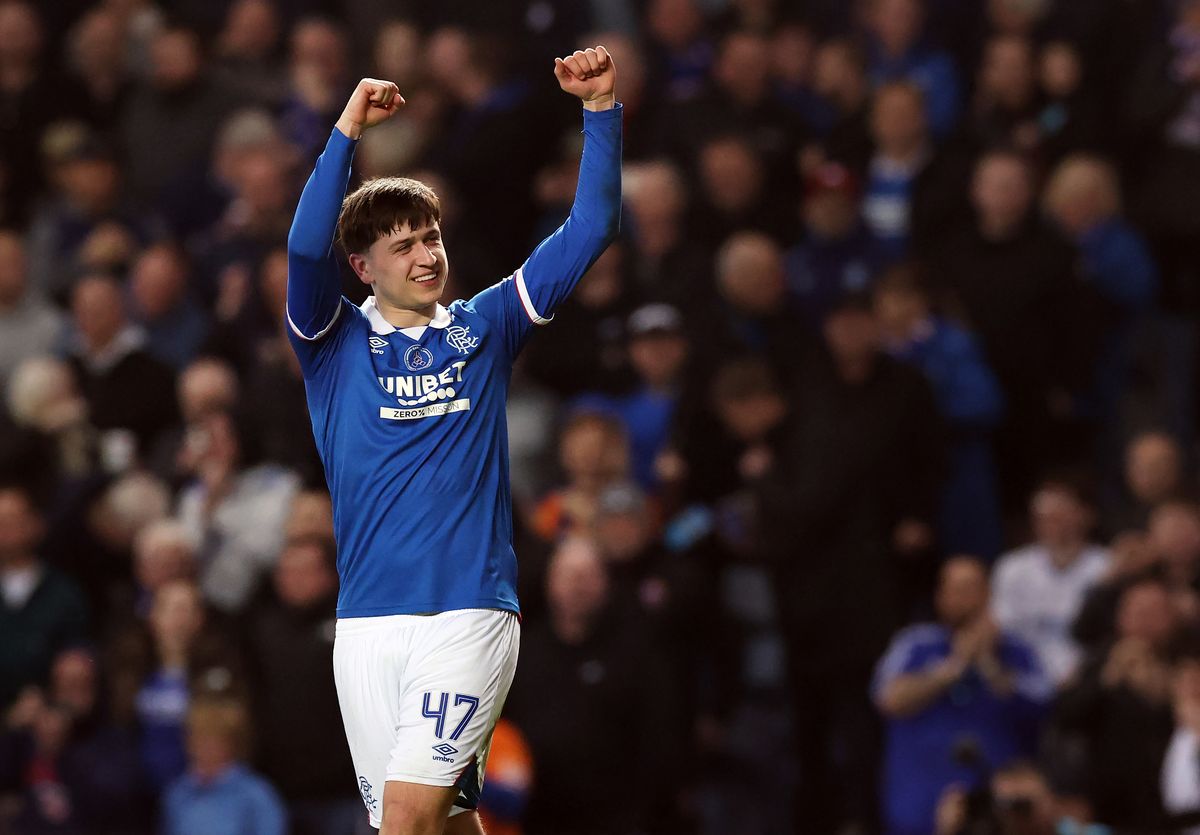 Mikey Moore of Rangers celebrates after scoring his team's second goal during the William Hill Premiership match between Rangers and Aberdeen at Ibrox Stadium on March 21, 2026 in Glasgow, Scotland