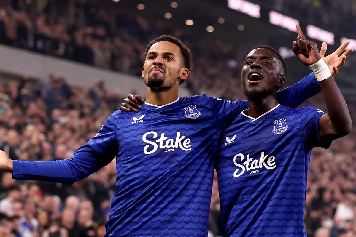 Iliman Ndiaye celebrates scoring his team's third goal with teammate Idrissa Gueye during the Premier League match between Everton and Chelsea at Hill Dickinson Stadium. Photo by Carl Recine/Getty Images