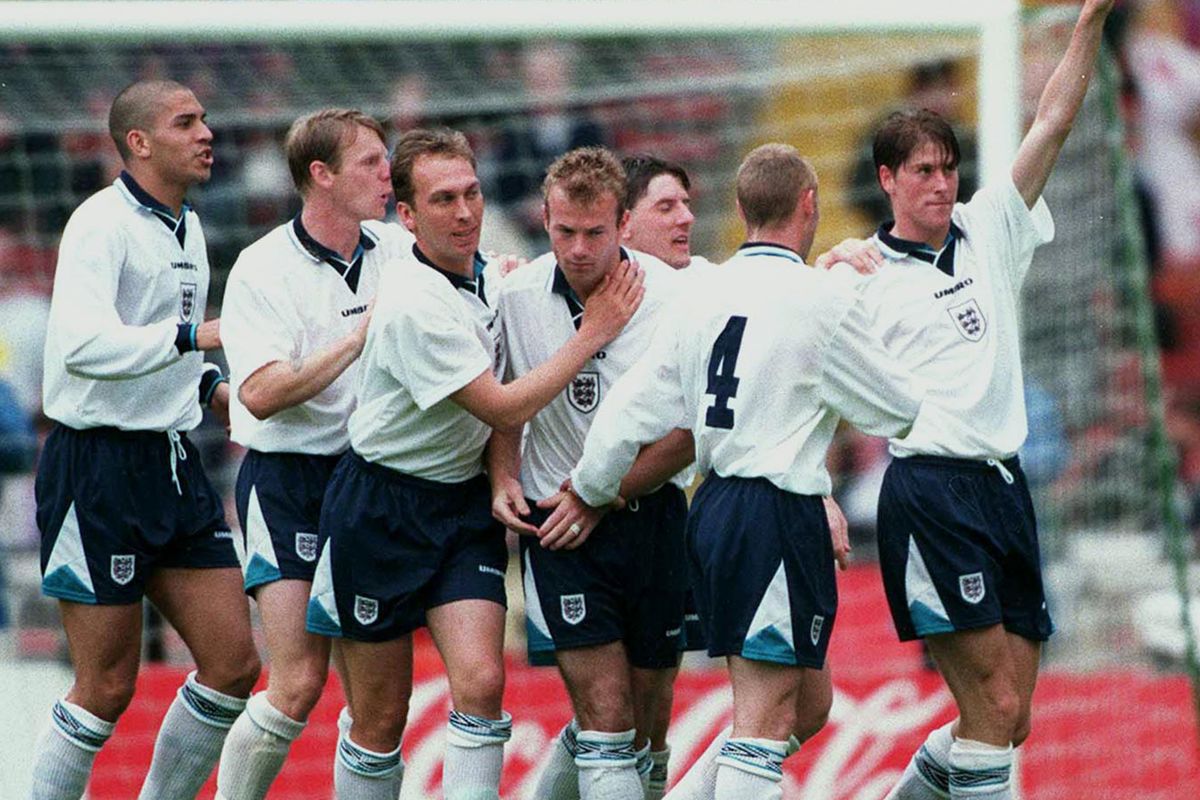 Alan Shearer celebrates with England team-mates
