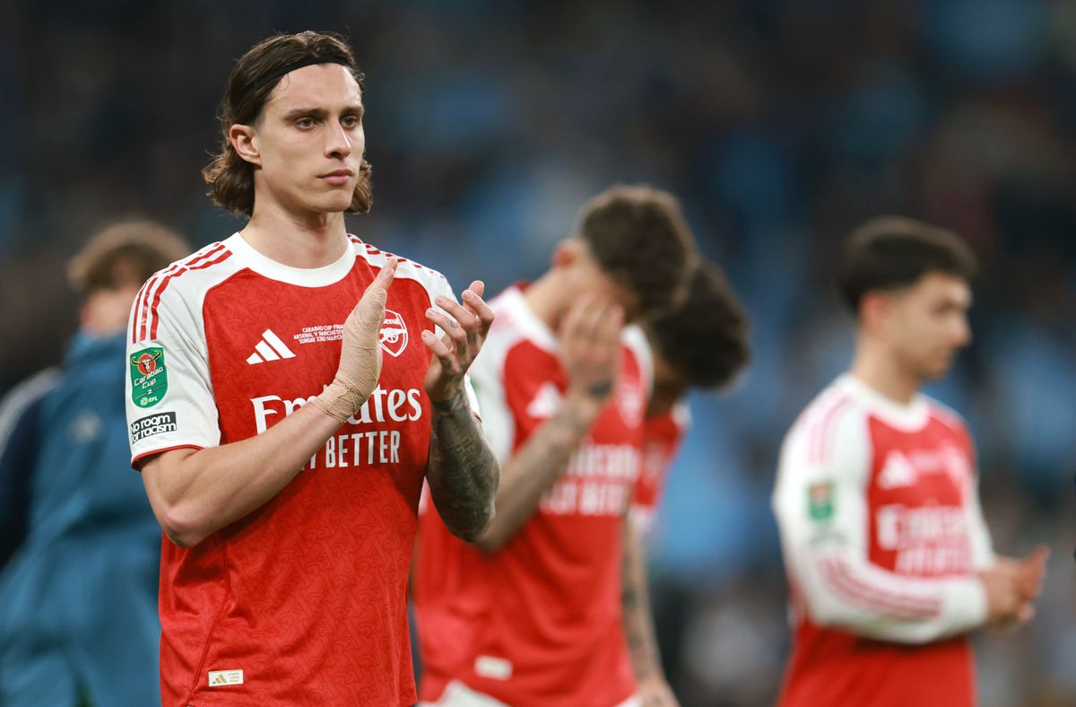 Riccardo Calafiori of Arsenal applauds after  the Carabao Cup Final match Arsenal and between Manchester City at Wembley Stadium on March 22, 2026 in London, England. 