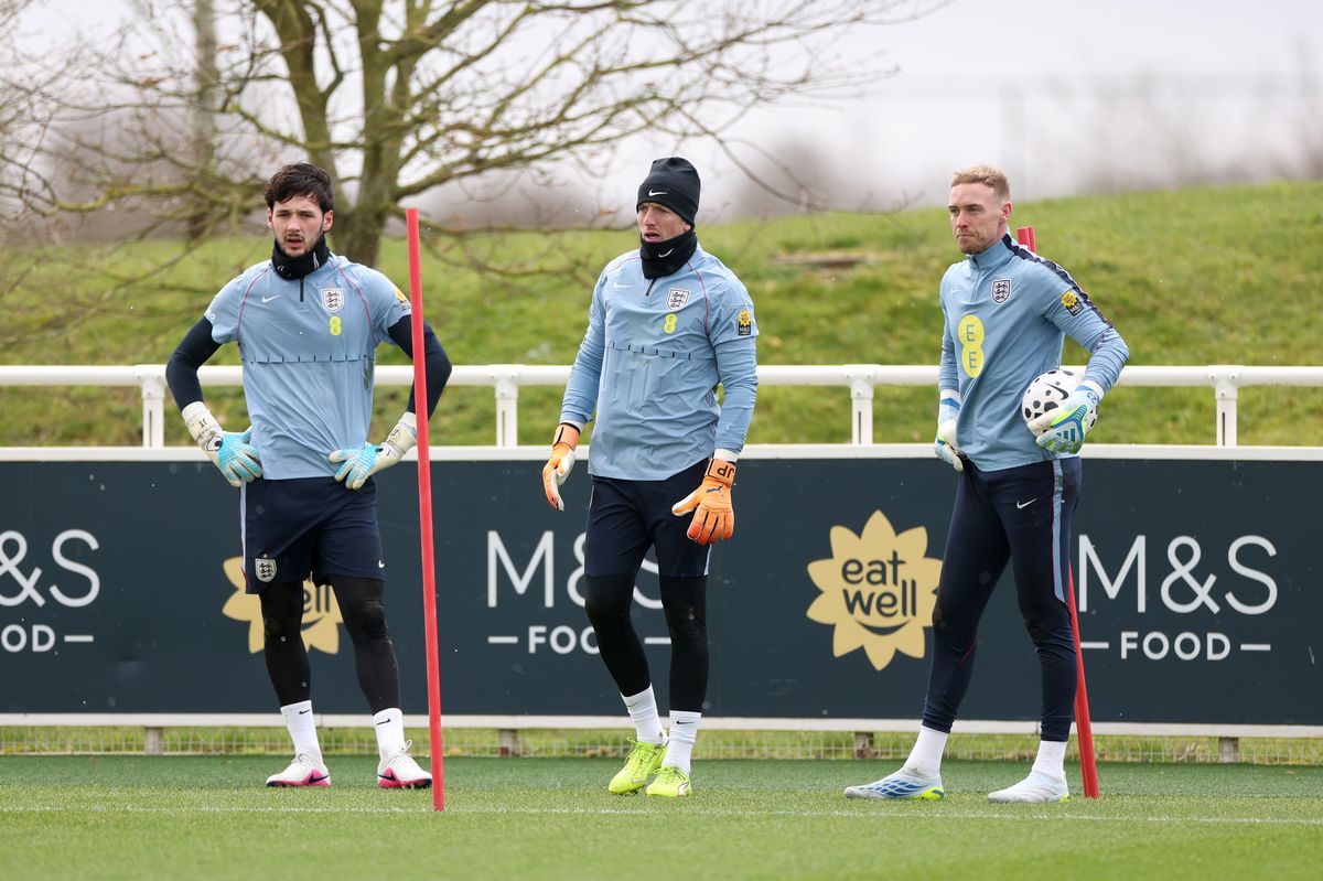 James Trafford, Jordan Pickford and Jason Steele during an England training session