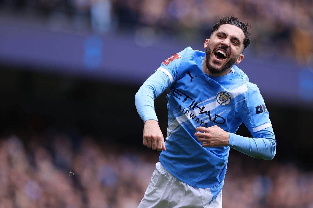 Rayan Cherki of Manchester City celebrates during the Emirates FA Cup Quarter Final match between Manchester City and Liverpool