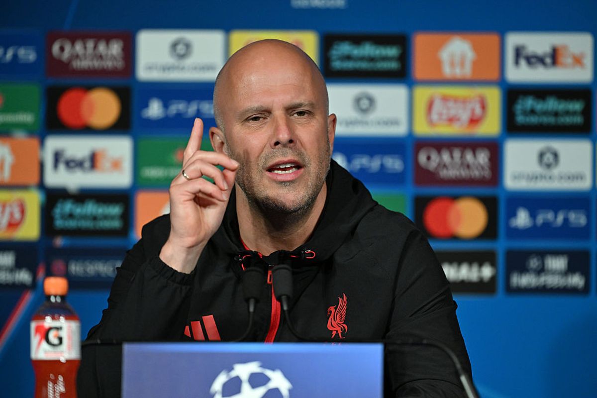 Liverpool F.C. Manager Arne Slot speaks during a press conference (Photo by Mustafa Yalçın/Anadolu via Getty Images)