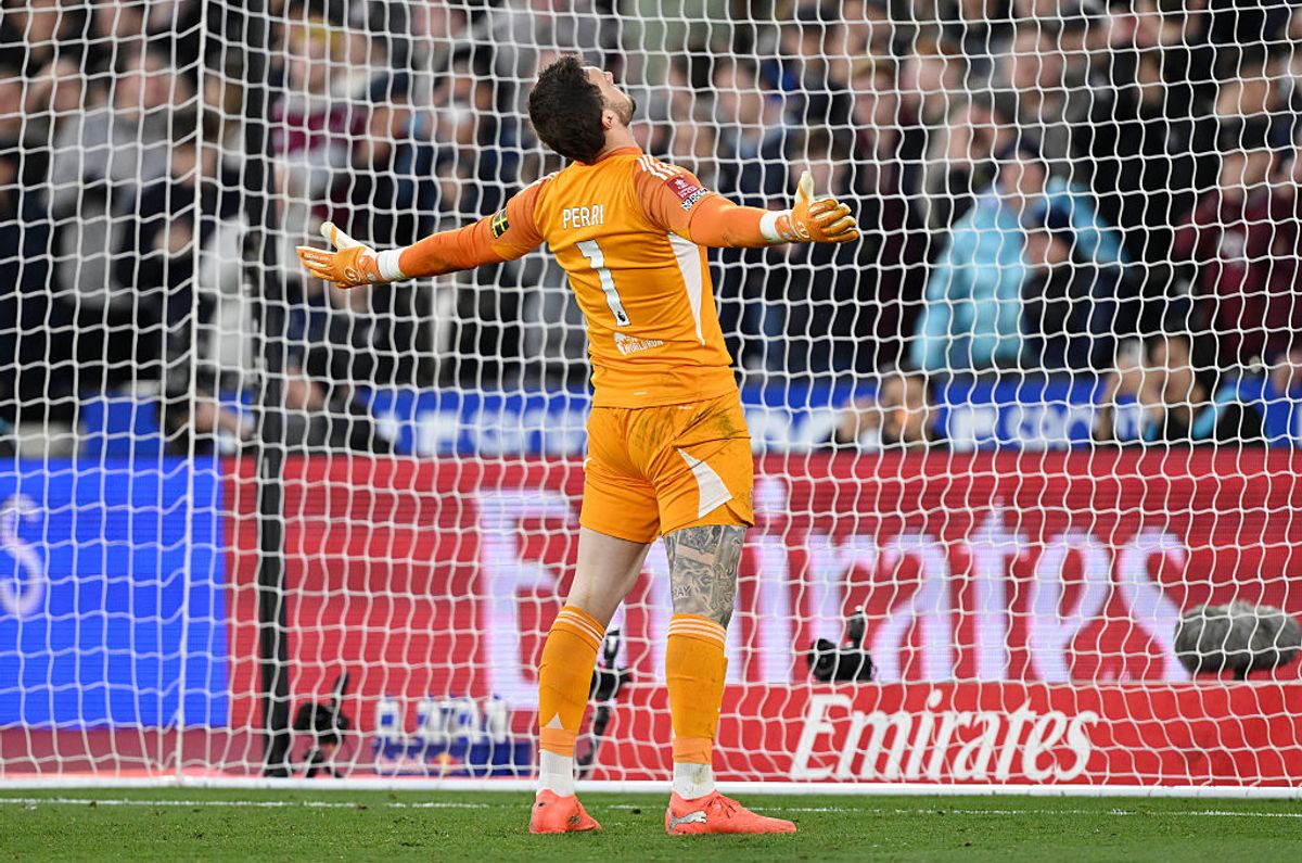 Lucas Perri celebrates after saving a West Ham penalty