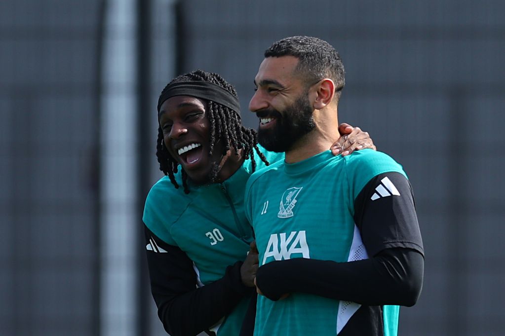 Jeremie Frimpong and Mohamed Salah during a Liverpool training session.