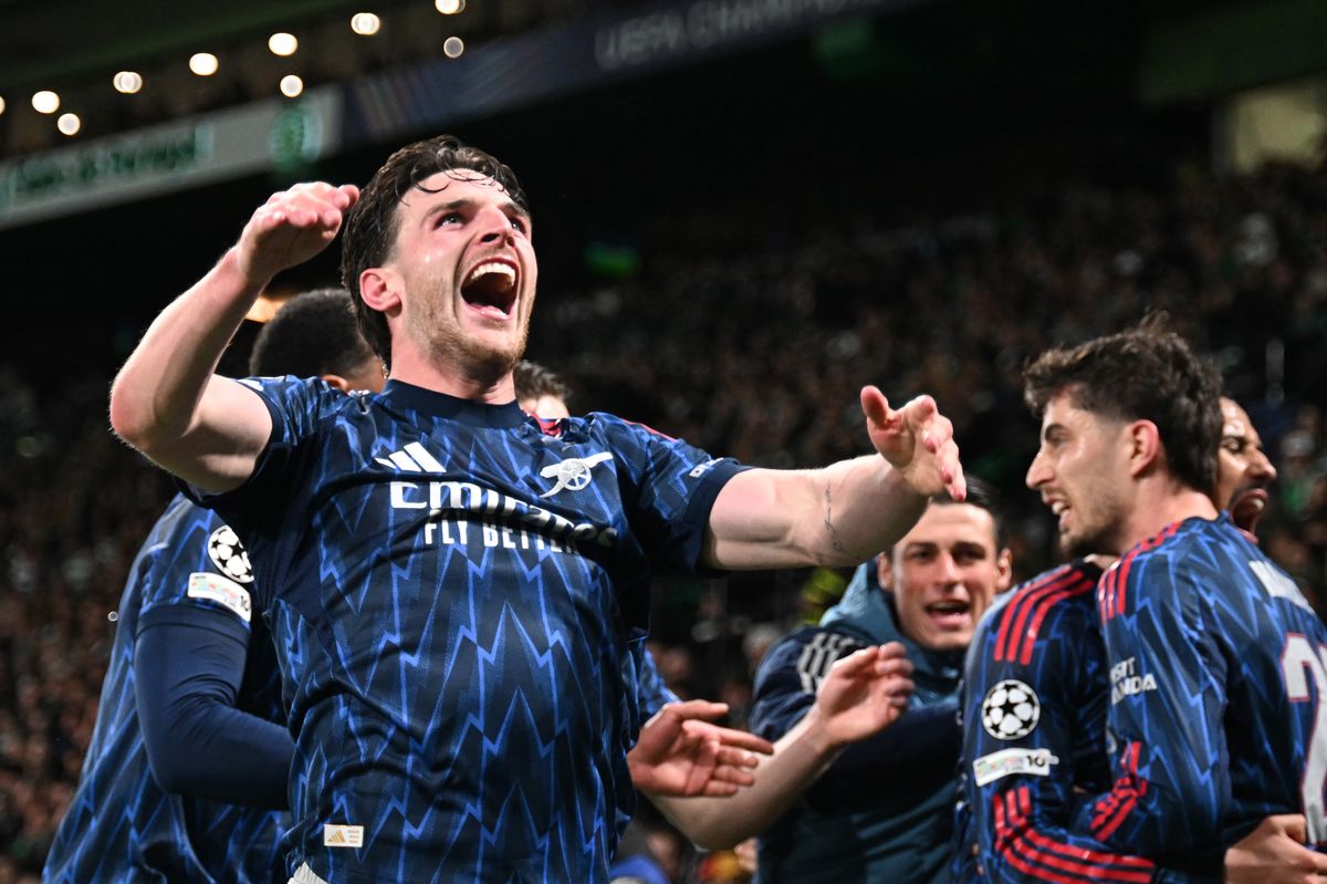 Declan Rice celebrates the Arsenal goal, scored by Kai Havertz
