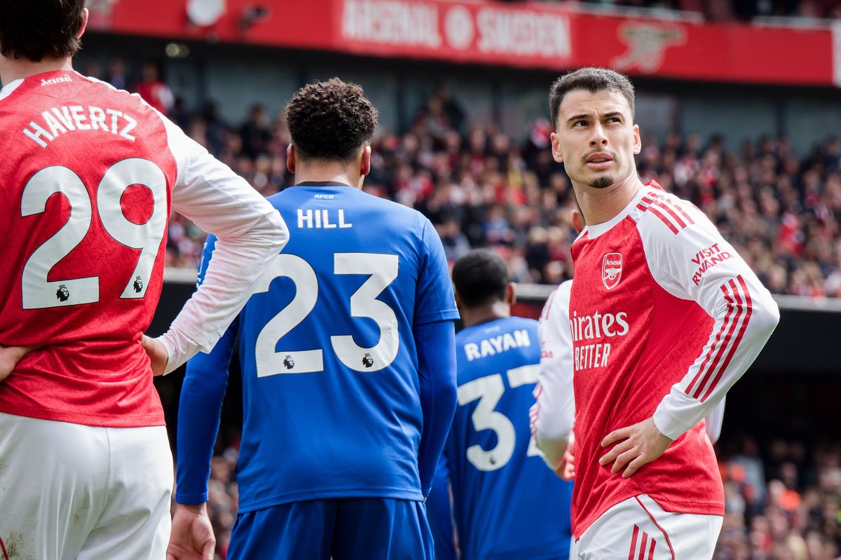 LONDON, ENGLAND - APRIL 11: Gabriel Martinelli of Arsenal during the Premier League match between Arsenal and Bournemouth at Emirates Stadium on April 11, 2026 in London, England. (Photo by Pedro Porru/MB Media/Getty Images)