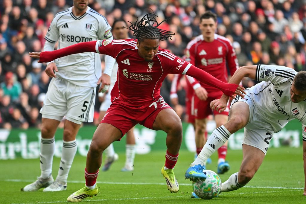 Rio Ngumoha is challenged by Timothy Castagne during Liverpool vs Fulham in the Premier League.