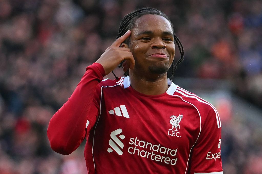 Rio Ngumoha celebrates his stunning first goal at Anfield for Liverpool, which opened the scoring against Fulham