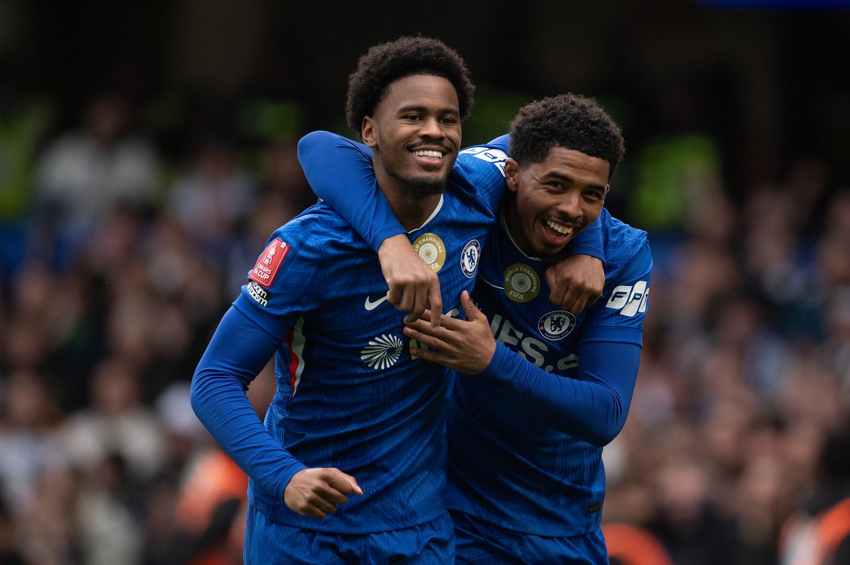 Jorrel Hato of Chelsea (L) celebrates scoring the opening goal with Wesley Fofana (R) during the Emirates FA Cup Quarter Final match between Chelsea and Port Vale on April 4, 2026 in London, England