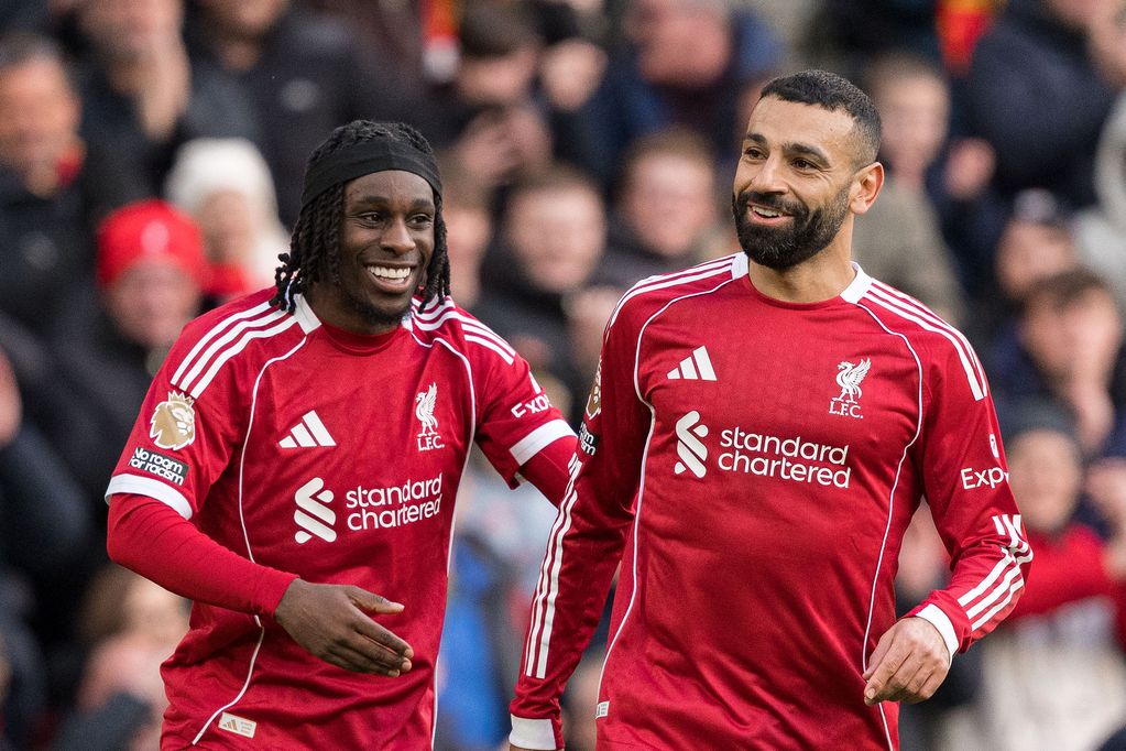 Jeremie Frimpong and Mohamed Salah during the Premier League game between Liverpool and Fulham.