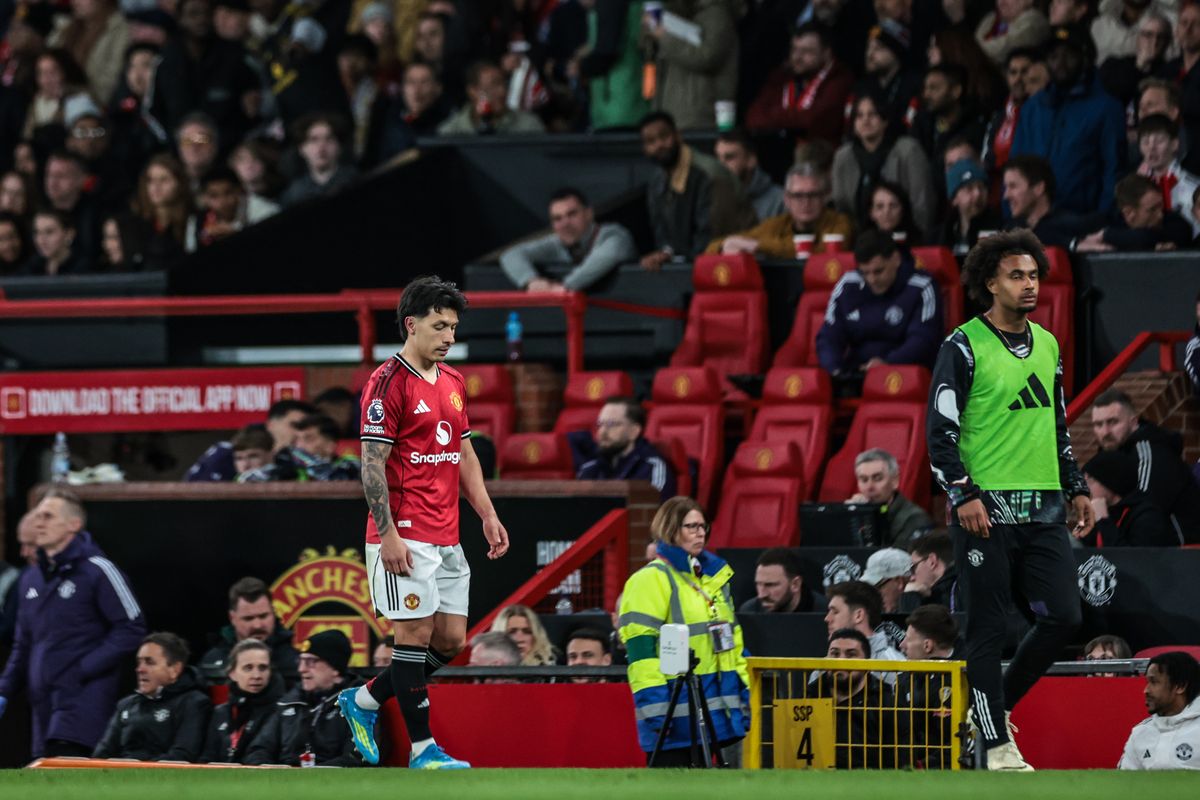 Lisandro Martinez leaves the pitch after being controversially sent off during Manchester United's defeat to Leeds