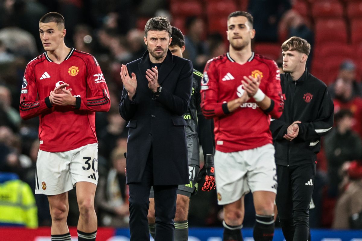 Michael Carrick, manager of Manchester United, applauds the fans after the game during the Premier League match between Manchester United and Leeds United at Old Trafford, Manchester, United Kingdom, on April 13, 2026. 
