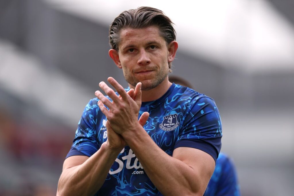 James Tarkowski applauds the fans prior to the Premier League match between Brentford and Everton at Gtech Community Stadium. Photo by Alex Pantling/Getty Images