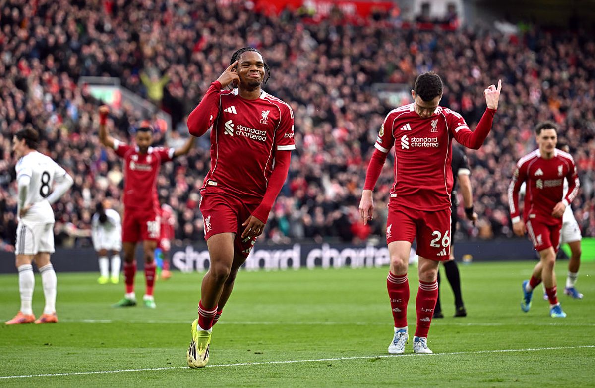 LIVERPOOL, ENGLAND - APRIL 11: Rio Ngumoha of Liverpool celebrates scoring his team's first goal during the Premier League match between Liverpool and Fulham at Anfield on April 11, 2026 in Liverpool, England. (Photo by Liverpool FC/Liverpool FC via Getty Images)