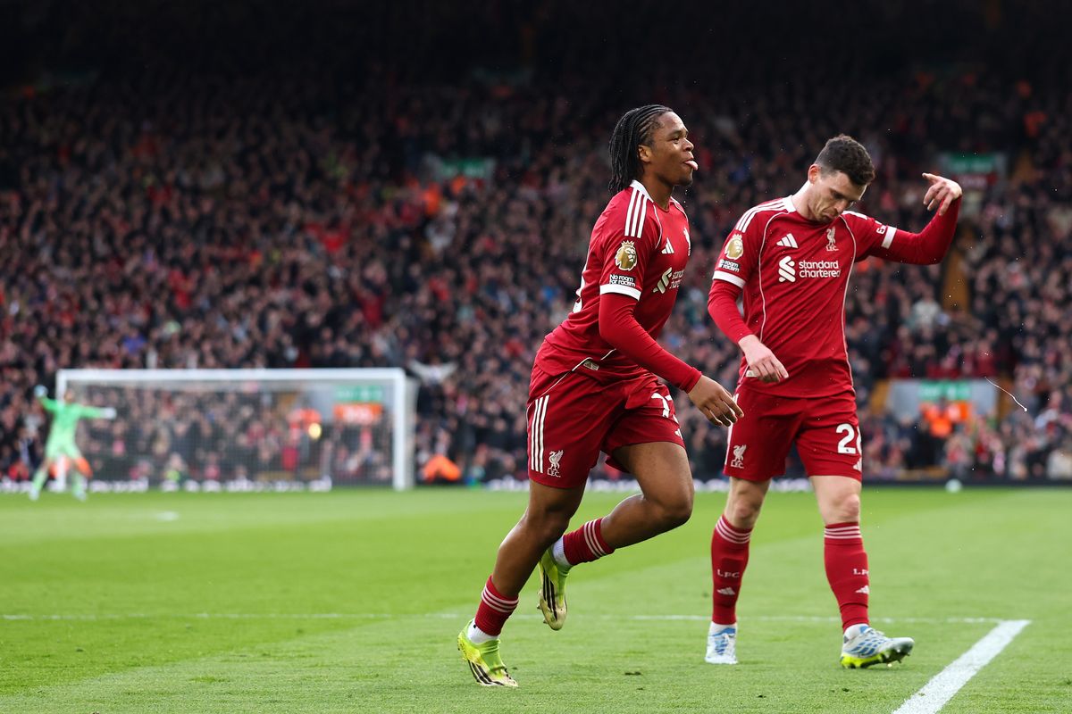 Rio Ngumoha celebrates scoring Liverpool's opening goal against Fulham in the Premier League.