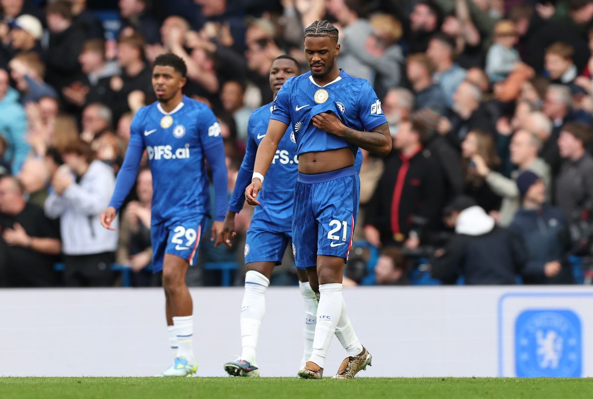 Dejection for Chelsea's Jorrel Hato during the Premier League match between Chelsea and Manchester City at Stamford Bridge on April 12, 2026 in London, United Kingdom