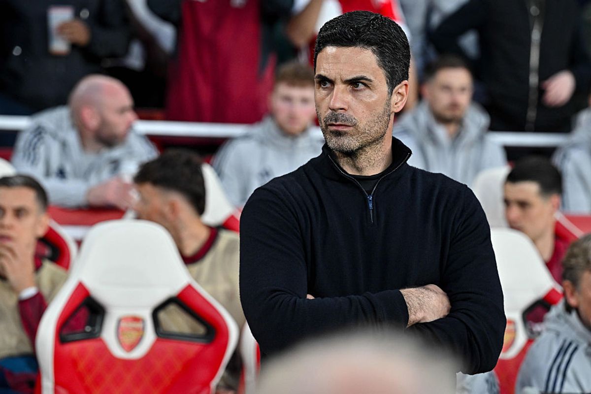 Arsenal manager Mikel Arteta looks on during the game with Sporting