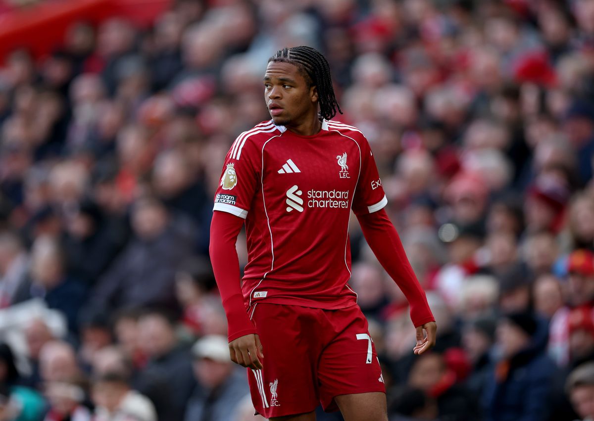LIVERPOOL, ENGLAND - APRIL 11: Rio Ngumoha of Liverpool during the Premier League match between Liverpool and Fulham at Anfield on April 11, 2026 in Liverpool, England. (Photo by Carl Recine/Getty Images)