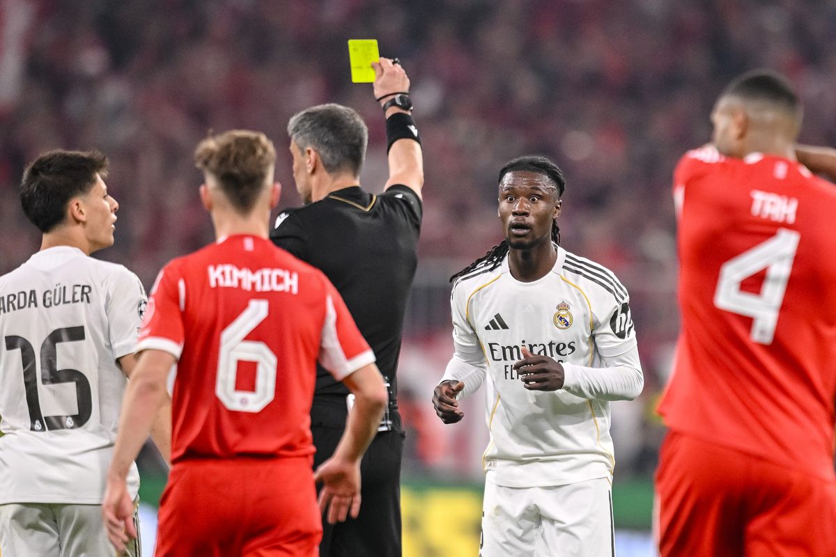Eduardo Camavinga reacts after being shown a second yellow card against Bayern Munich