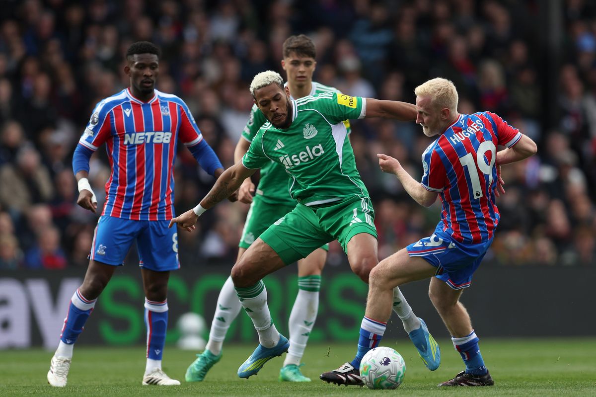 Will Hughes of Crystal Palace is challenged by Joelinton of Newcastle United during the Premier League match between Crystal Palace and Newcastle United at Selhurst Park on April 12, 2026 in London, England