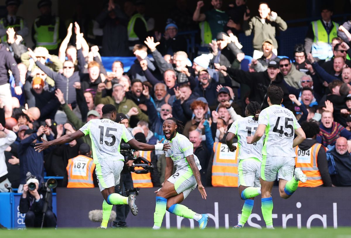 Antoine Semenyo and Marc Guehi celebrate a goal for Manchester City