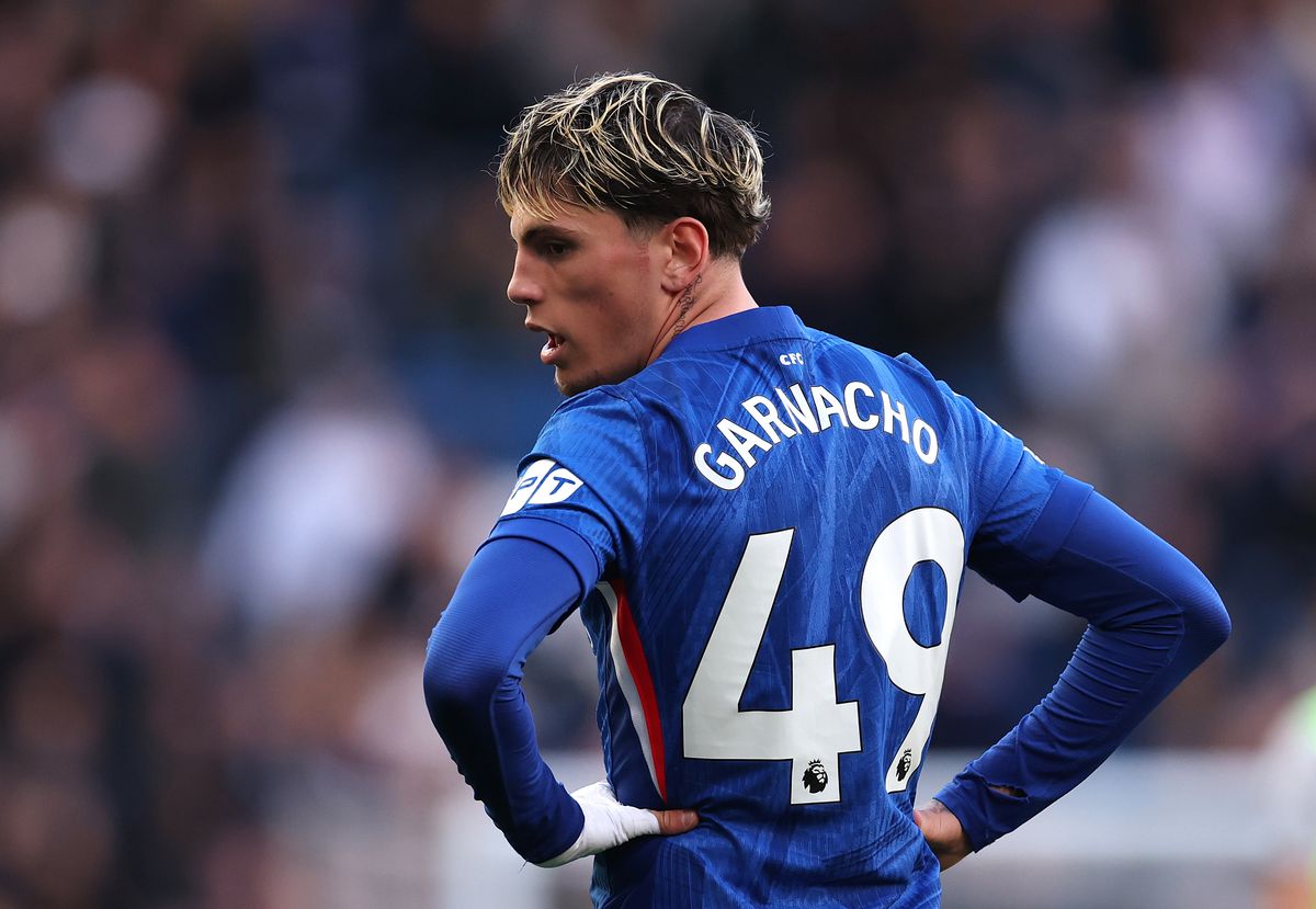Alejandro Garnacho of Chelsea reacts during the Premier League match between Chelsea and Manchester City at Stamford Bridge on April 12, 2026 in London, England. 