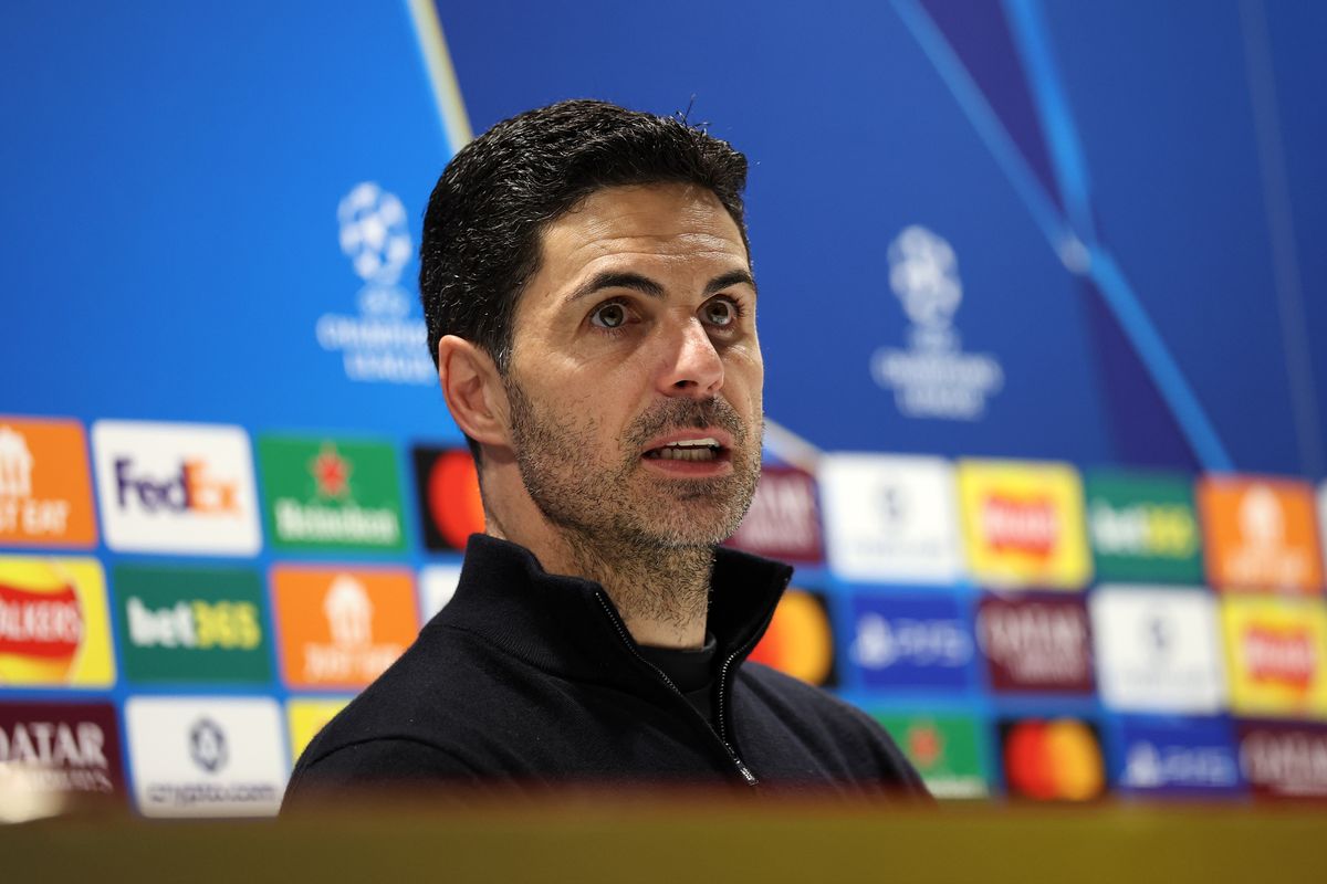 Mikel Arteta, Manager of Arsenal, speaks to the media