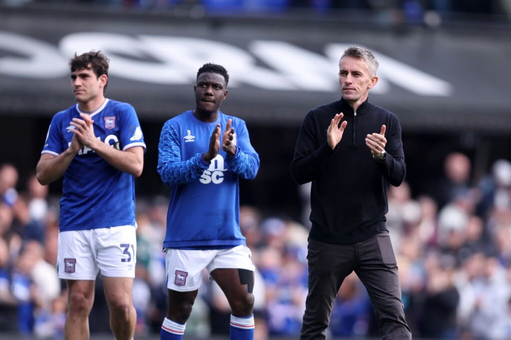 Kieran McKenna, head coach of Ipswich Town, applauds the fans
