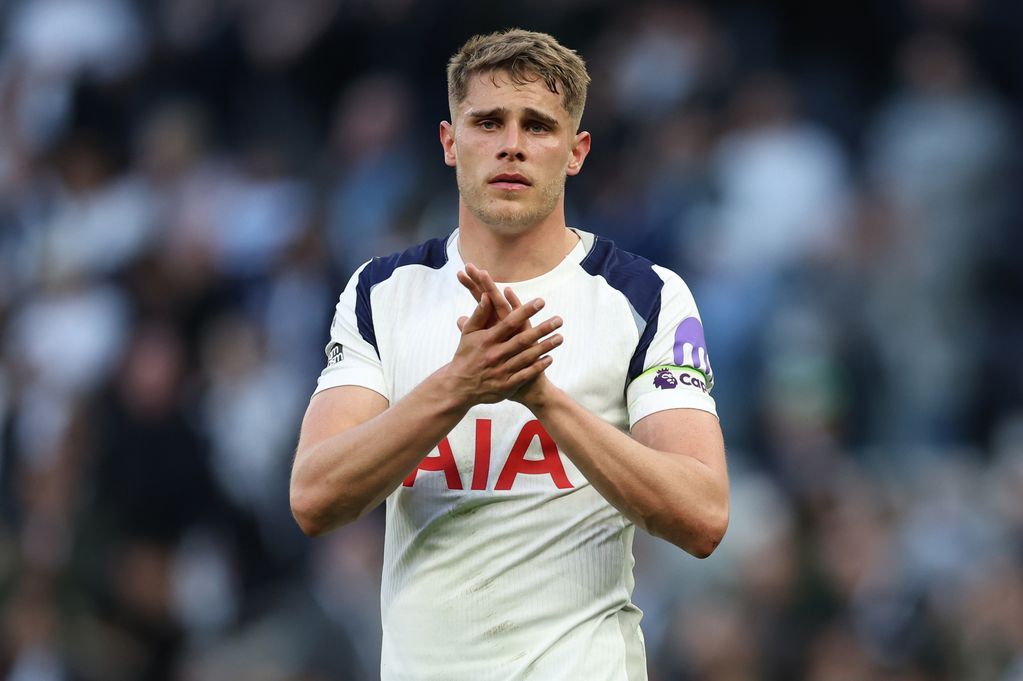 Tottenham Hotspur's Micky van de Ven applauds the fans at the final whistle during the Premier League match between Tottenham Hotspur and Brighton & Hove Albion at Tottenham Hotspur Stadium on April 18, 2026 in London, United Kingdom