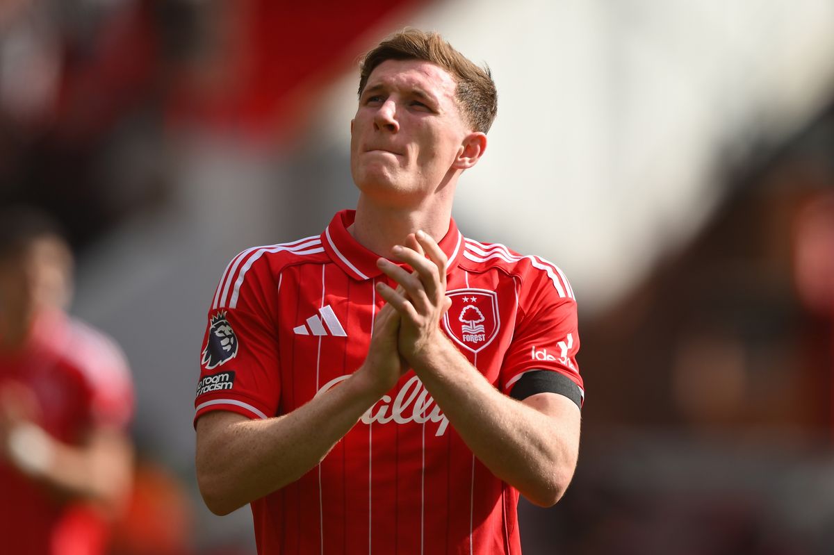 Elliot Anderson of Nottingham Forest celebrates victory during the Premier League match between Nottingham Forest and Burnley at the City Ground in Nottingham, United Kingdom, on April 19, 2026. (Photo by Jon Hobley/MI News/NurPhoto via Getty Images)