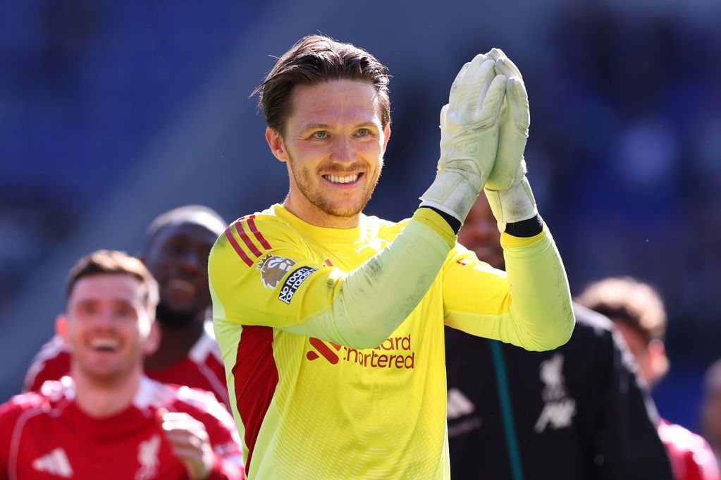 Freddie Woodman of Liverpool acknowledges the fans following the Premier League match between Everton and Liverpool