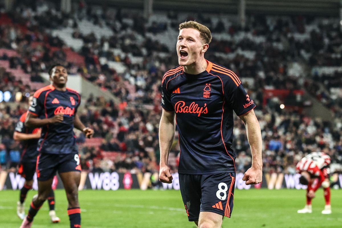 Elliot Anderson of Nottingham Forest celebrates his goal to make it 0-5 during the Premier League match between Sunderland and Nottingham Forest at Stadium Of Light in Sunderland, United Kingdom, on April 24, 2026. (Photo by Alfie Cosgrove/News Images/NurPhoto via Getty Images)