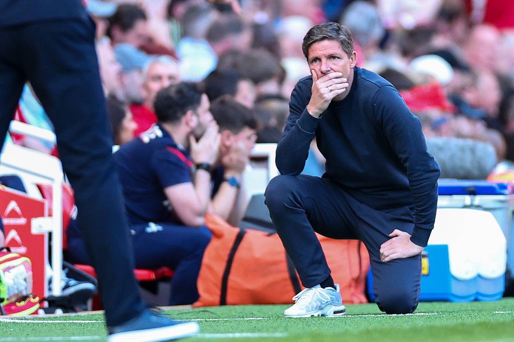 Oliver Glasner reacts during the Premier League match between Liverpool and Crystal Palace 