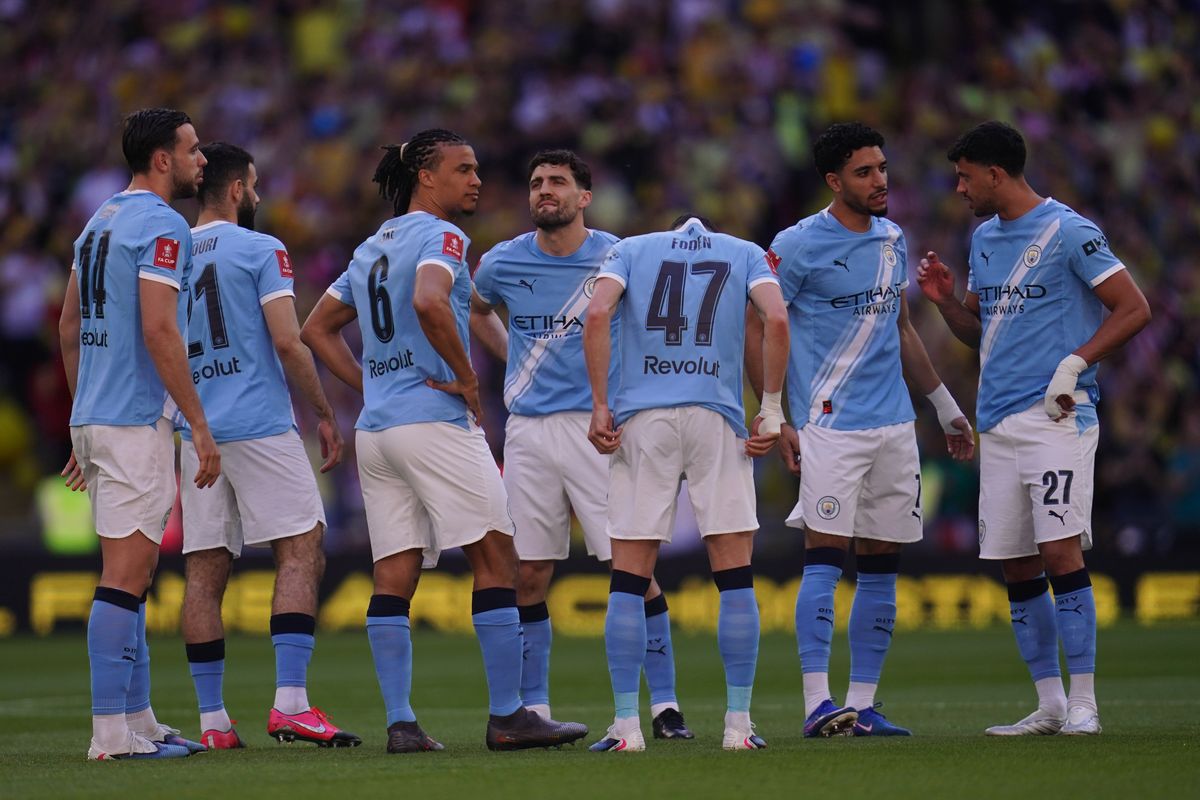 Manchester City players during the Emirates FA Cup Semi-Final match between Manchester City and Southampton at Wembley Stadium