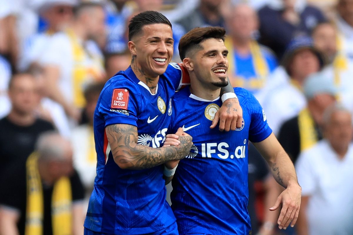 Enzo Fernandez and Pedro Neto of Chelsea celebrate 1st goal during the Emirates FA Cup Semi Final match between Chelsea and Leeds United  on April 26, 2026 in London, England