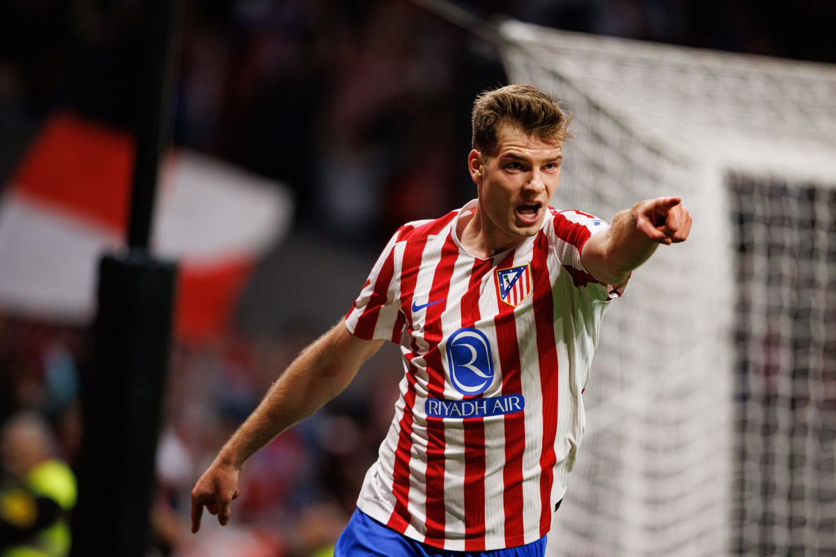 Alexander Sorloth (Atletico de Madrid) seen in action celebrating after scoring a goal during LaLiga EA SPORTS game between teams of Atletico de Madrid and Athletic Club Atletico de Madrid 3 -2 Athletic Club. 