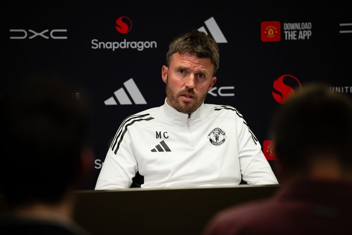 Head Coach Michael Carrick of Manchester United speaks during a press conference at Carrington Training Ground
