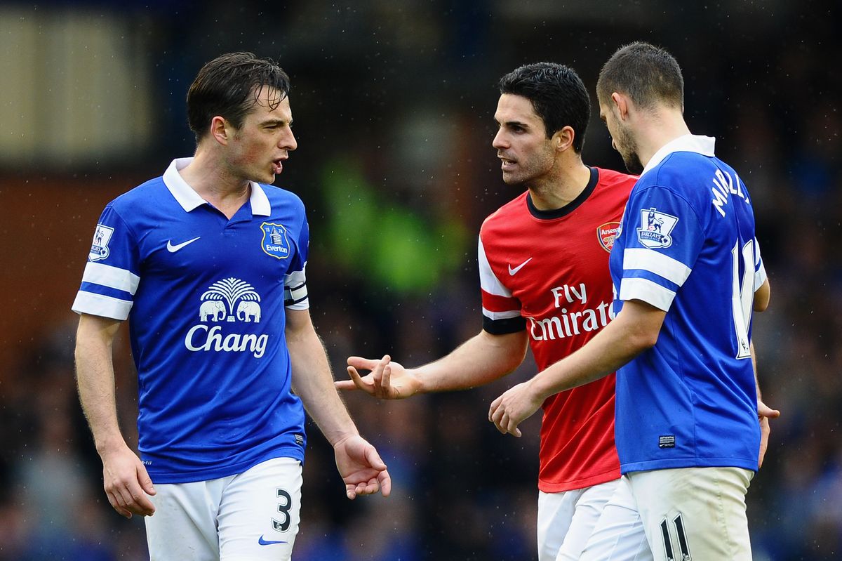 Mikel Arteta clashes with Leighton Baines during the match between Everton and Arsenal at Goodison Park on April 6, 2014