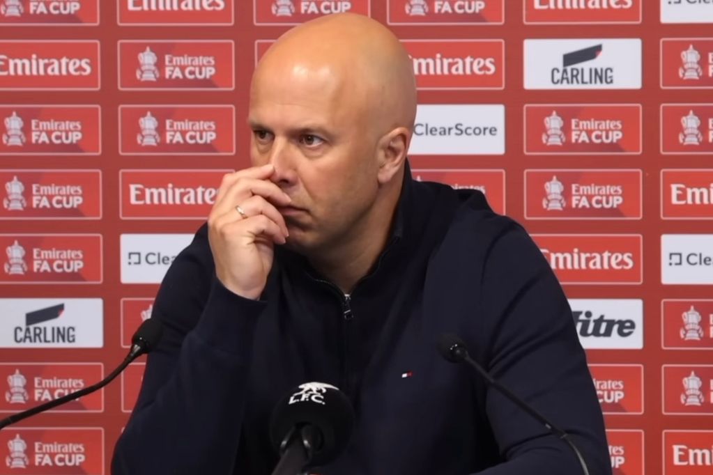 Arne Slot reacts during a press conference